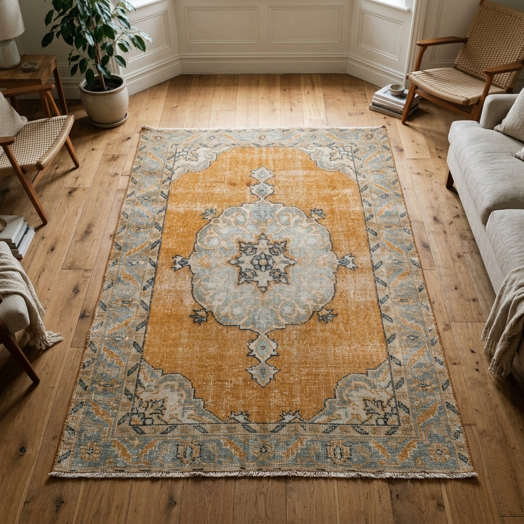 Floral pattern on the Polyphora vintage area rug – handmade in Anatolia, Turkey