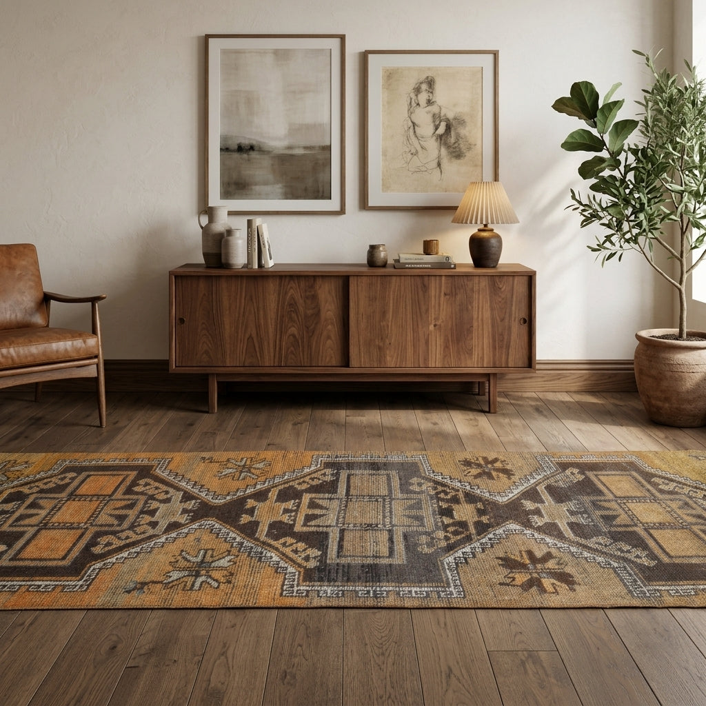 Geometric pattern on the Vuslatpezir vintage runner rug – handmade in Anatolia, Turkey