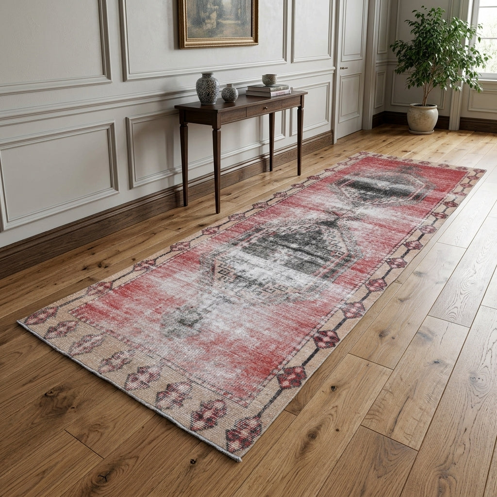 Geometric pattern on the Xanthomorpha distressed vintage runner rug – handmade in Anatolia, Turkey
