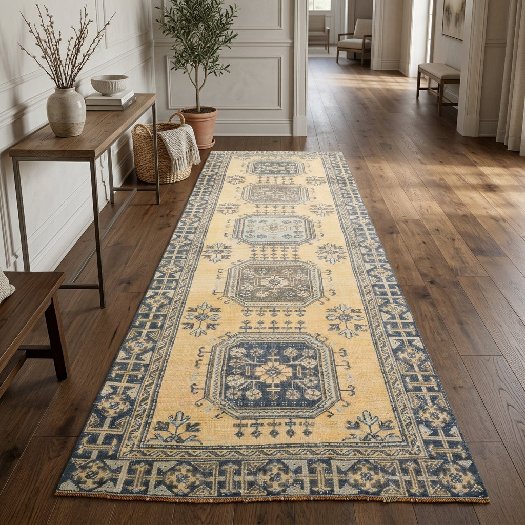 Floral and bordered pattern on the Porphyrophile vintage runner rug – handmade in Anatolia, Turkey
