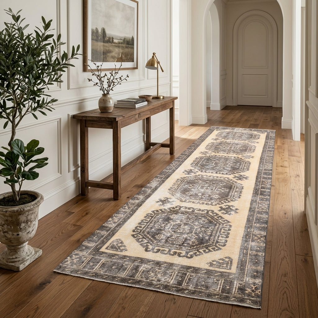Oriental pattern on the Porphyrope 1970's vintage runner rug – handmade in Anatolia, Turkey