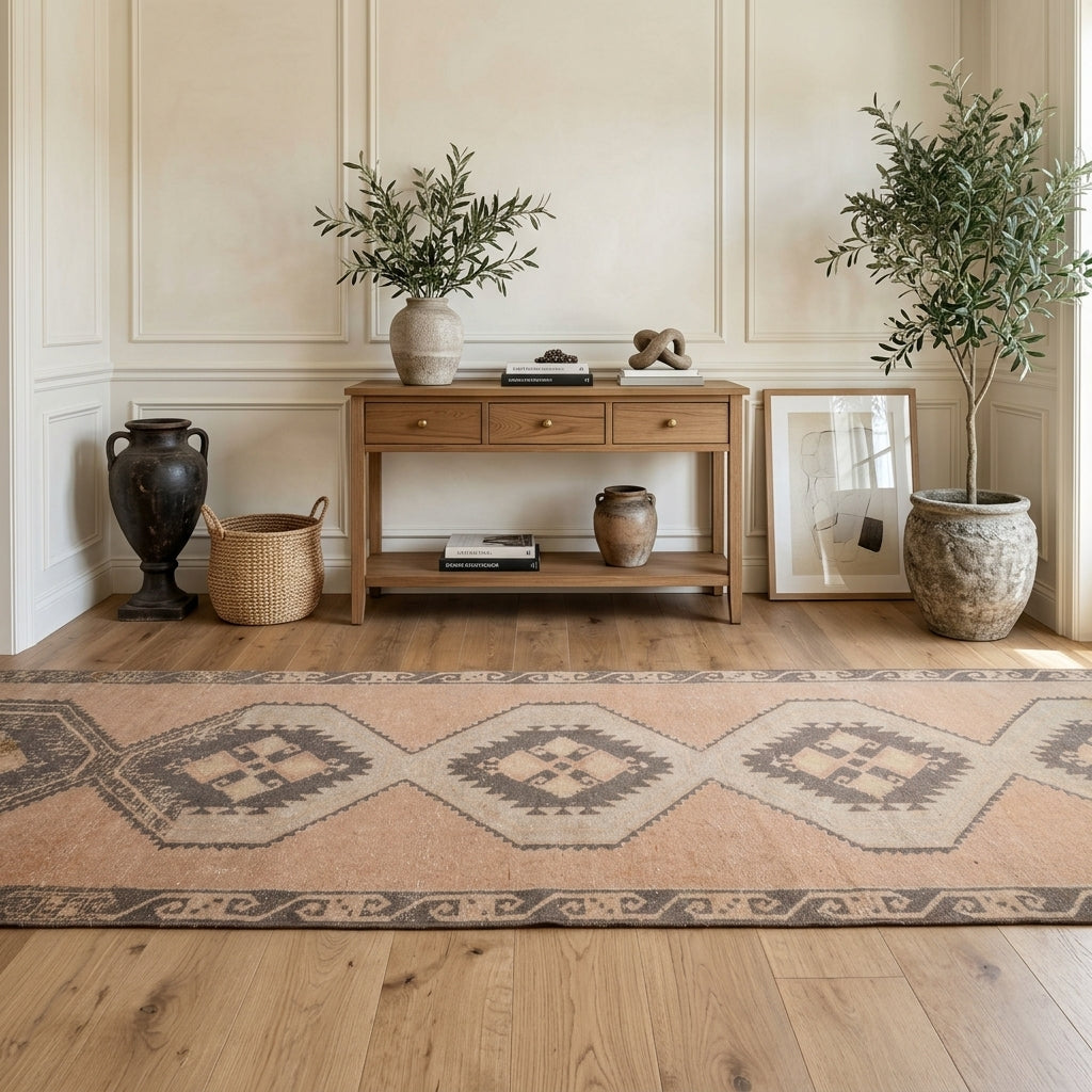 Geometric pattern on the Tethys vintage runner rug – handmade in Anatolia, Turkey