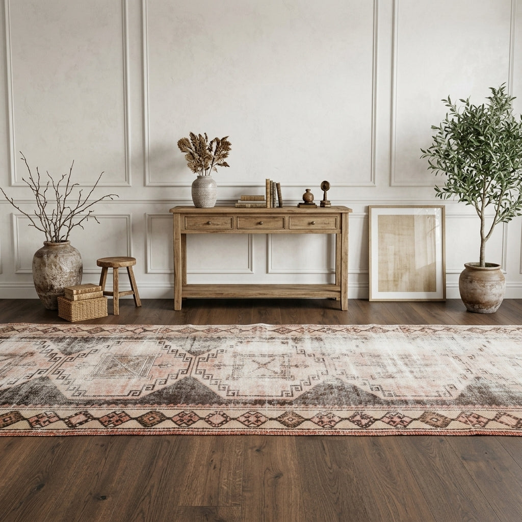 Geometric pattern on the Sevdabike distressed vintage runner rug – handmade in Anatolia, Turkey