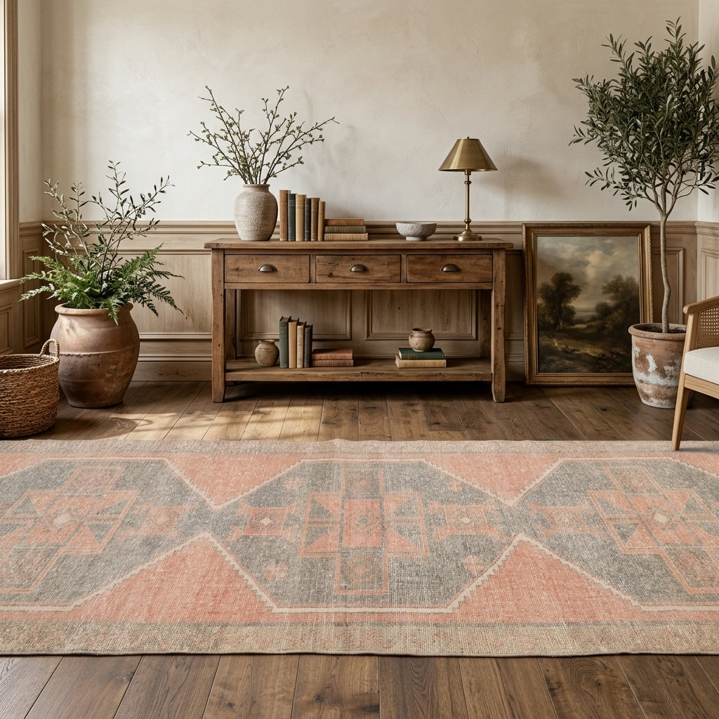 Geometric pattern on the Sahrasever vintage runner rug – handmade in Anatolia, Turkey