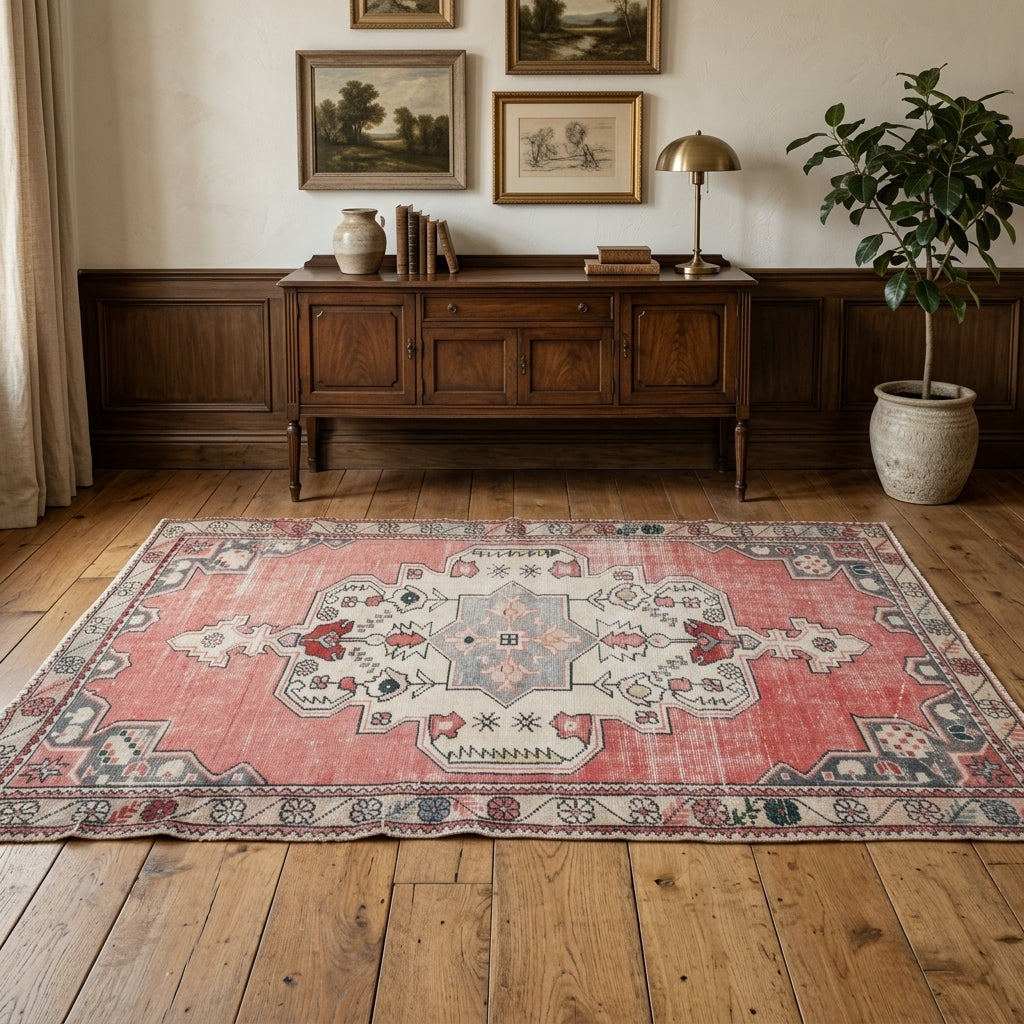 Oriental pattern on the Timonia vintage area rug – handmade in Anatolia, Turkey