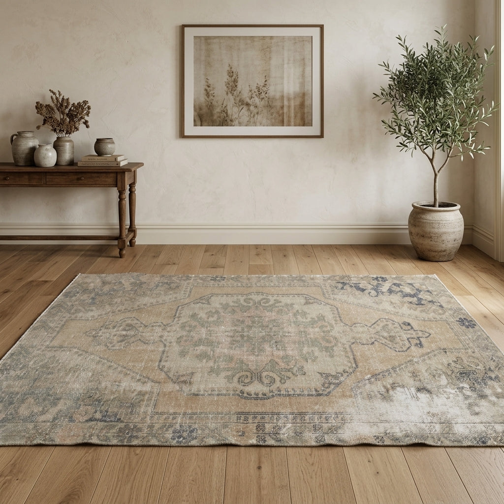 Oriental pattern on the Theopnoe antique washed vintage area rug – handmade in Anatolia, Turkey