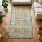 Bordered and floral pattern on the Theantha vintage area rug – handmade in Anatolia, Turkey