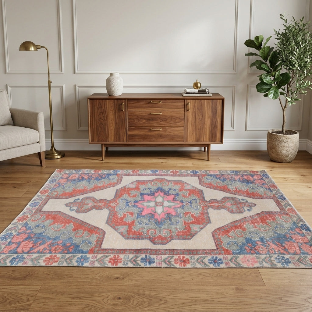 Oriental pattern on the Esensu vintage area rug – handmade in Anatolia, Turkey