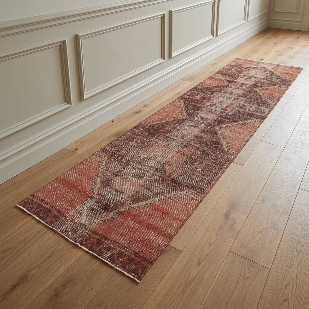 Tribal pattern on the Papaya vintage runner rug – handmade in Anatolia, Turkey