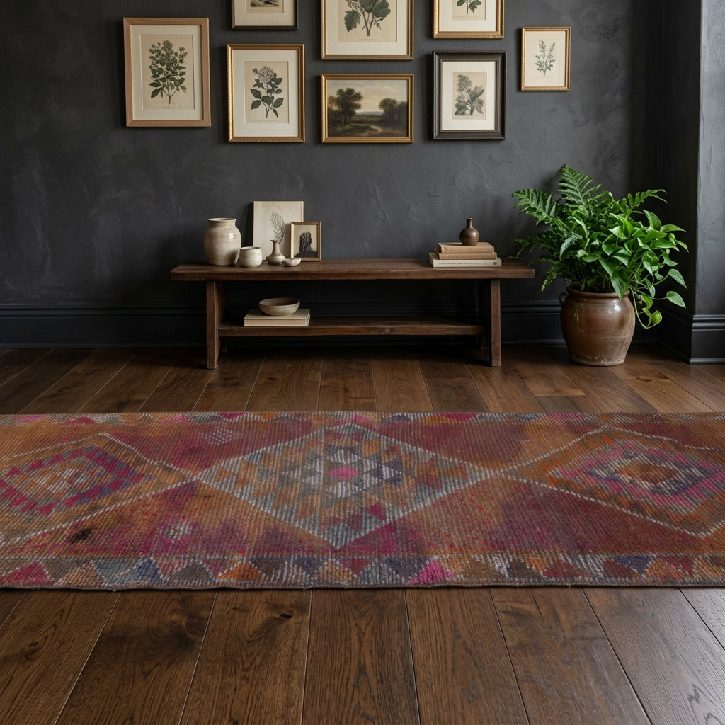 Geometric pattern on the Nesterenpare vintage runner rug – handmade in Anatolia, Turkey