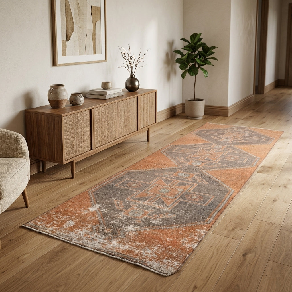 Geometric pattern on the Petrotima vintage runner rug – handmade in Anatolia, Turkey
