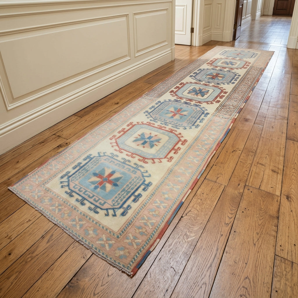 Bordered and ornaments pattern on the Nehirsu vintage runner rug – handmade in Anatolia, Turkey