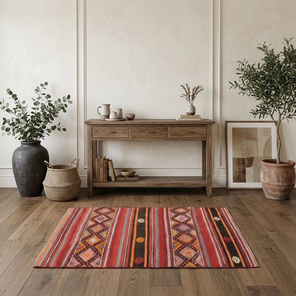 Ikat pattern on the Phrygia vintage kilim rug – handwoven flatweave in Anatolia, Turkey
