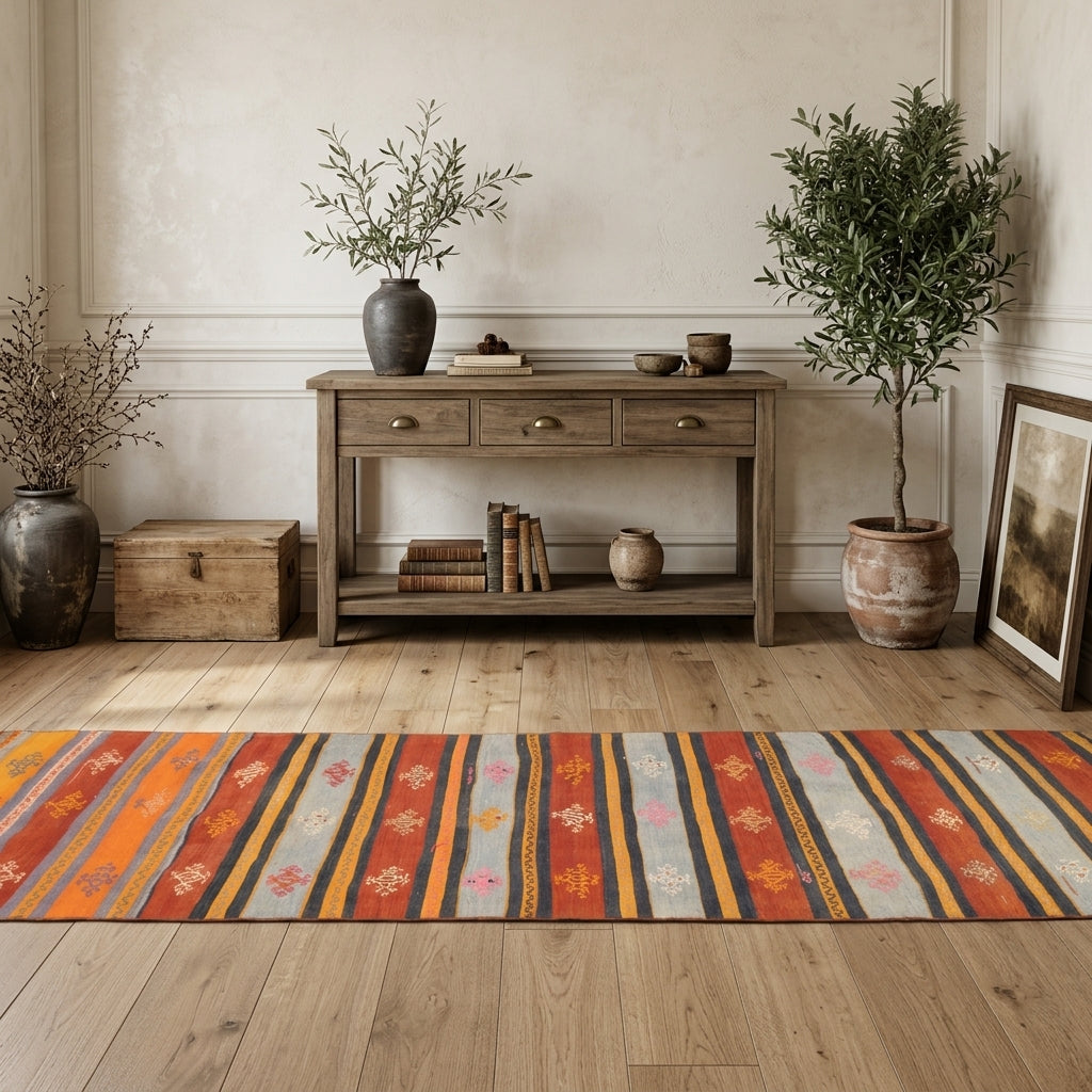 Striped pattern on the Karanfilale vintage kilim runner rug – handwoven flatweave in Anatolia, Turkey