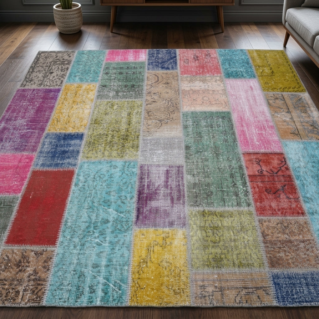Solid pattern on the Argyronia vintage patchwork area rug – handmade in Anatolia, Turkey