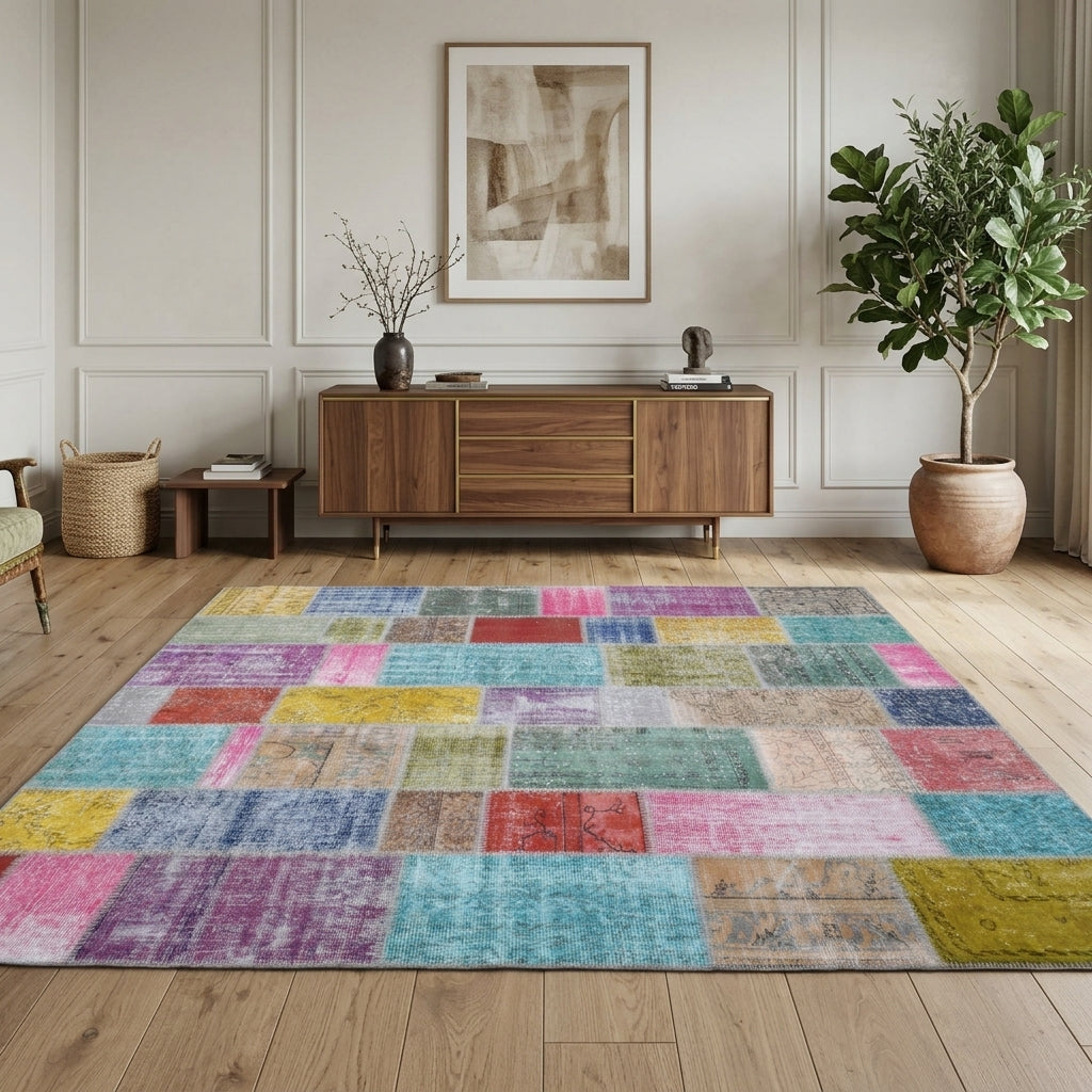 Solid pattern on the Argyronia vintage patchwork area rug – handmade in Anatolia, Turkey