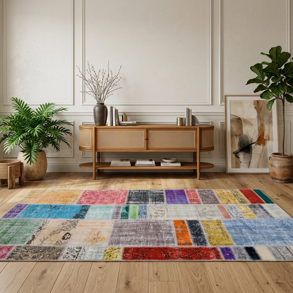 Tribal pattern on the Aretepheme vintage patchwork area rug – handmade in Anatolia, Turkey