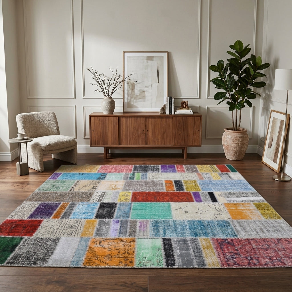Tribal pattern on the Aretepheme vintage patchwork area rug – handmade in Anatolia, Turkey
