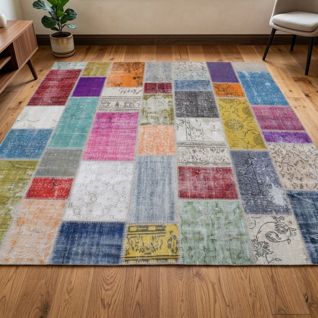 Solid pattern on the Aretemene vintage patchwork area rug – handmade in Anatolia, Turkey