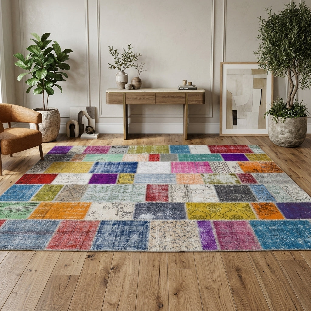 Solid pattern on the Aretemene vintage patchwork area rug – handmade in Anatolia, Turkey