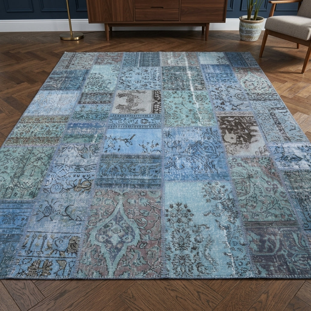 Tribal pattern on the Aretelampe vintage patchwork area rug – handmade in Anatolia, Turkey