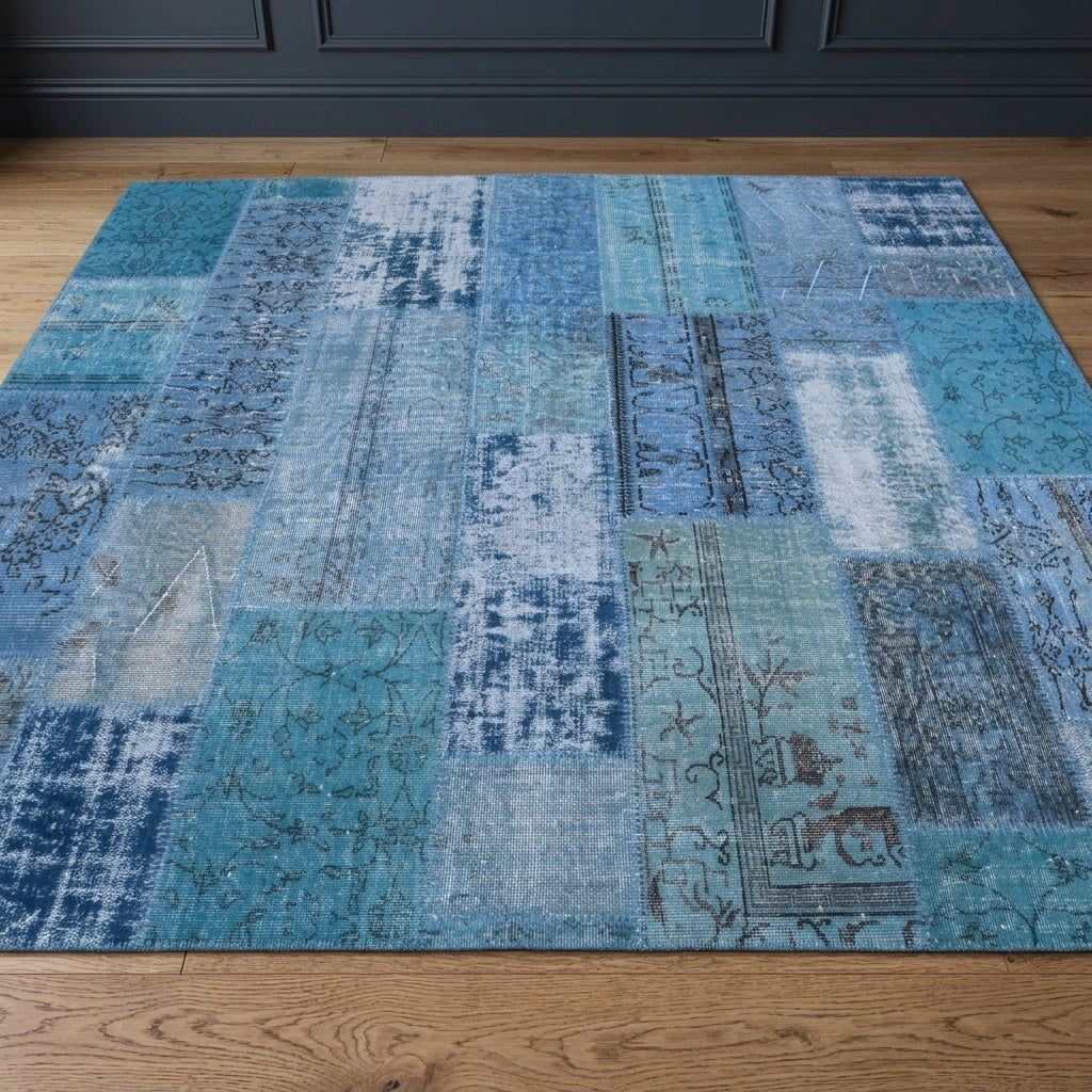 Tribal pattern on the Ardicnisin vintage patchwork area rug – handmade in Anatolia, Turkey
