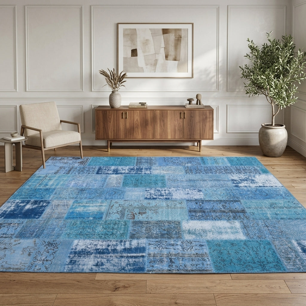 Tribal pattern on the Ardicnisin vintage patchwork area rug – handmade in Anatolia, Turkey
