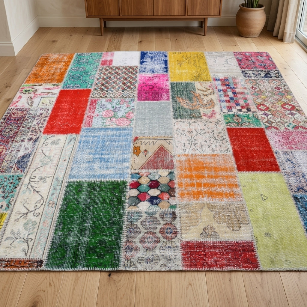 Tribal pattern on the Ahutac vintage patchwork area rug – handmade in Anatolia, Turkey