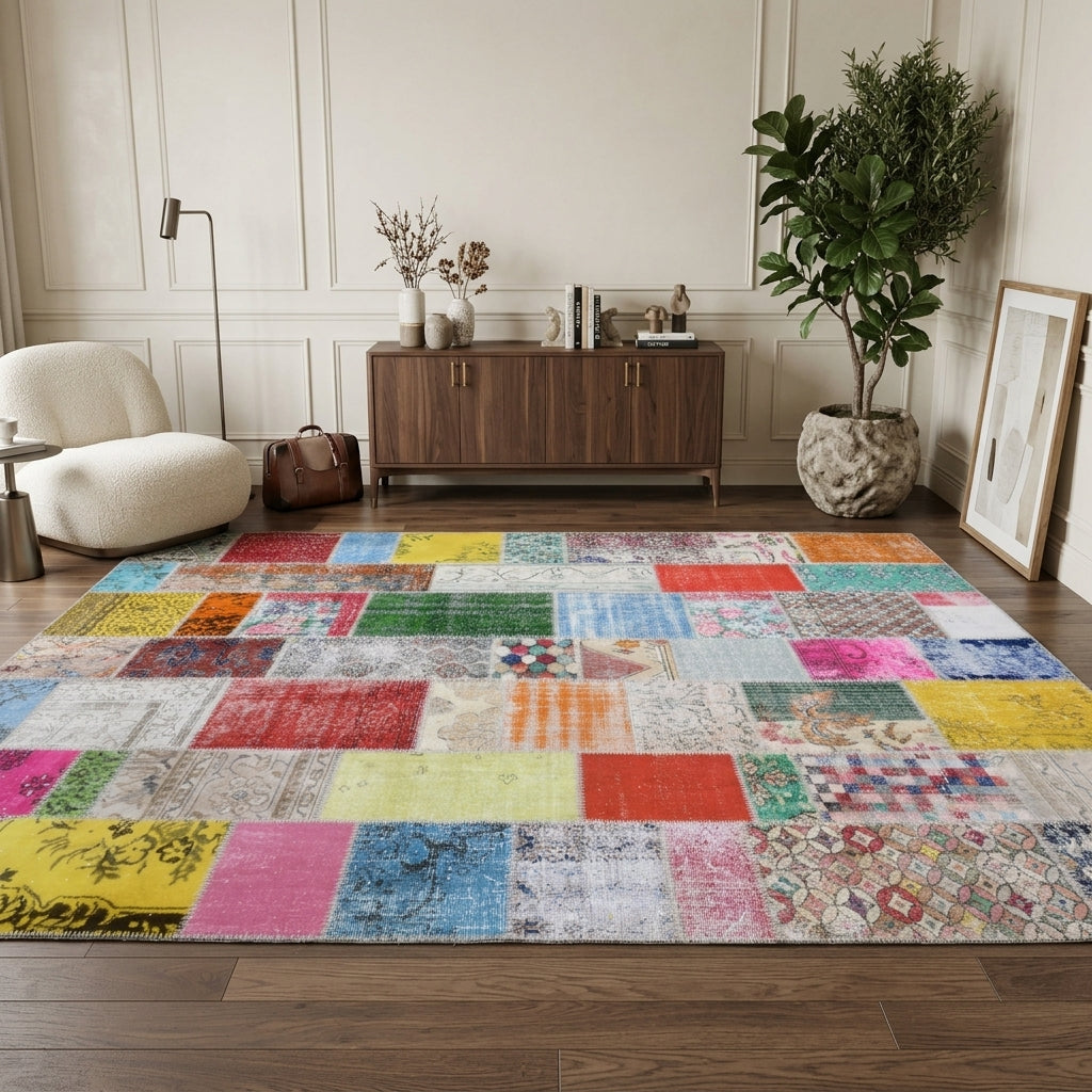 Tribal pattern on the Ahutac vintage patchwork area rug – handmade in Anatolia, Turkey