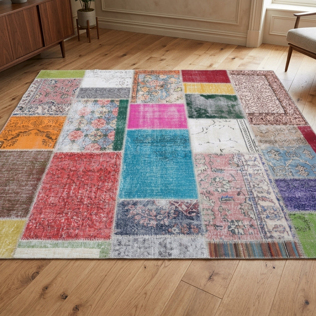 Tribal pattern on the Ahuruh vintage patchwork area rug – handmade in Anatolia, Turkey