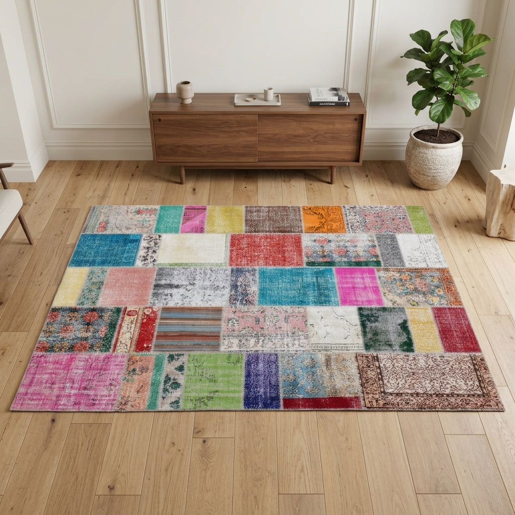 Tribal pattern on the Ahuruh vintage patchwork area rug – handmade in Anatolia, Turkey