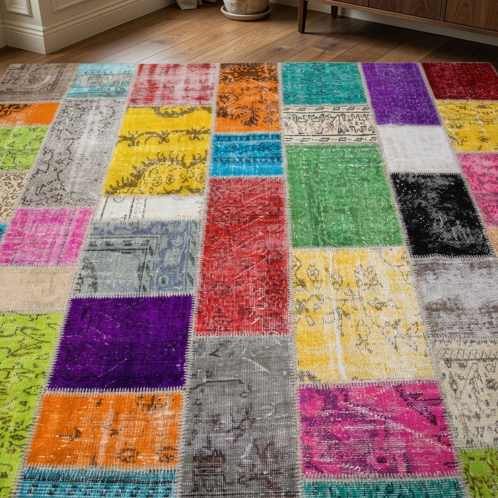Floral pattern on the Ahuefruz vintage patchwork area rug – handmade in Anatolia, Turkey