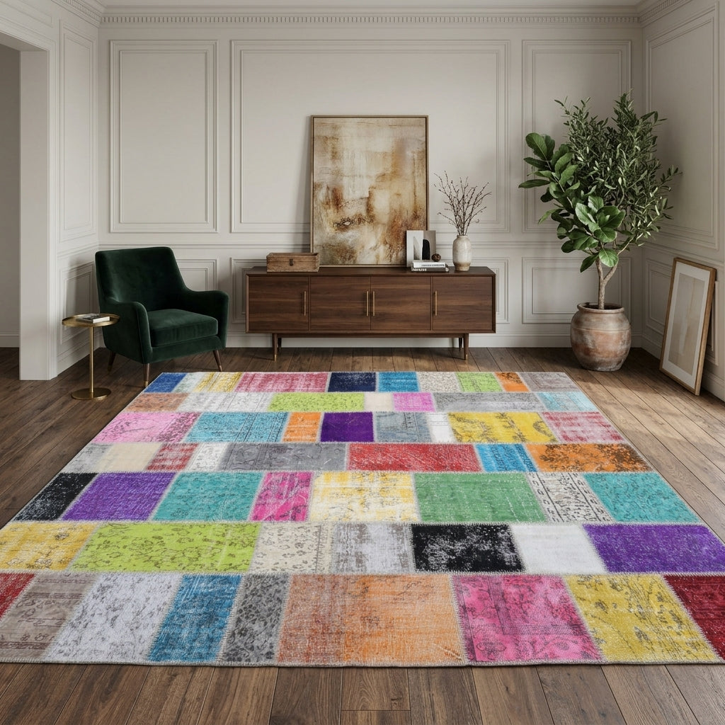 Floral pattern on the Ahuefruz vintage patchwork area rug – handmade in Anatolia, Turkey