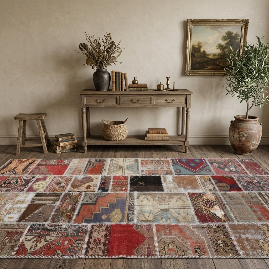 Tribal pattern on the Ahubahar vintage patchwork area rug – handmade in Anatolia, Turkey