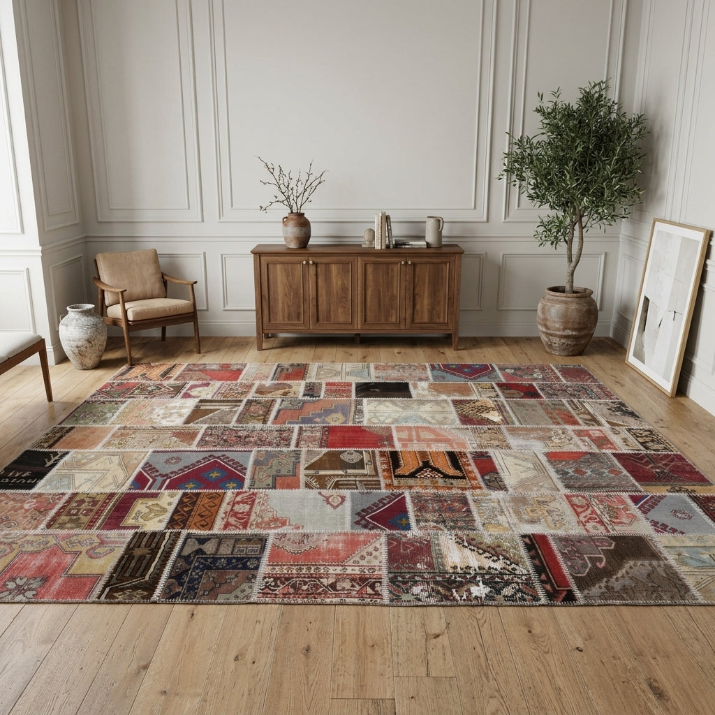Tribal pattern on the Ahubahar vintage patchwork area rug – handmade in Anatolia, Turkey