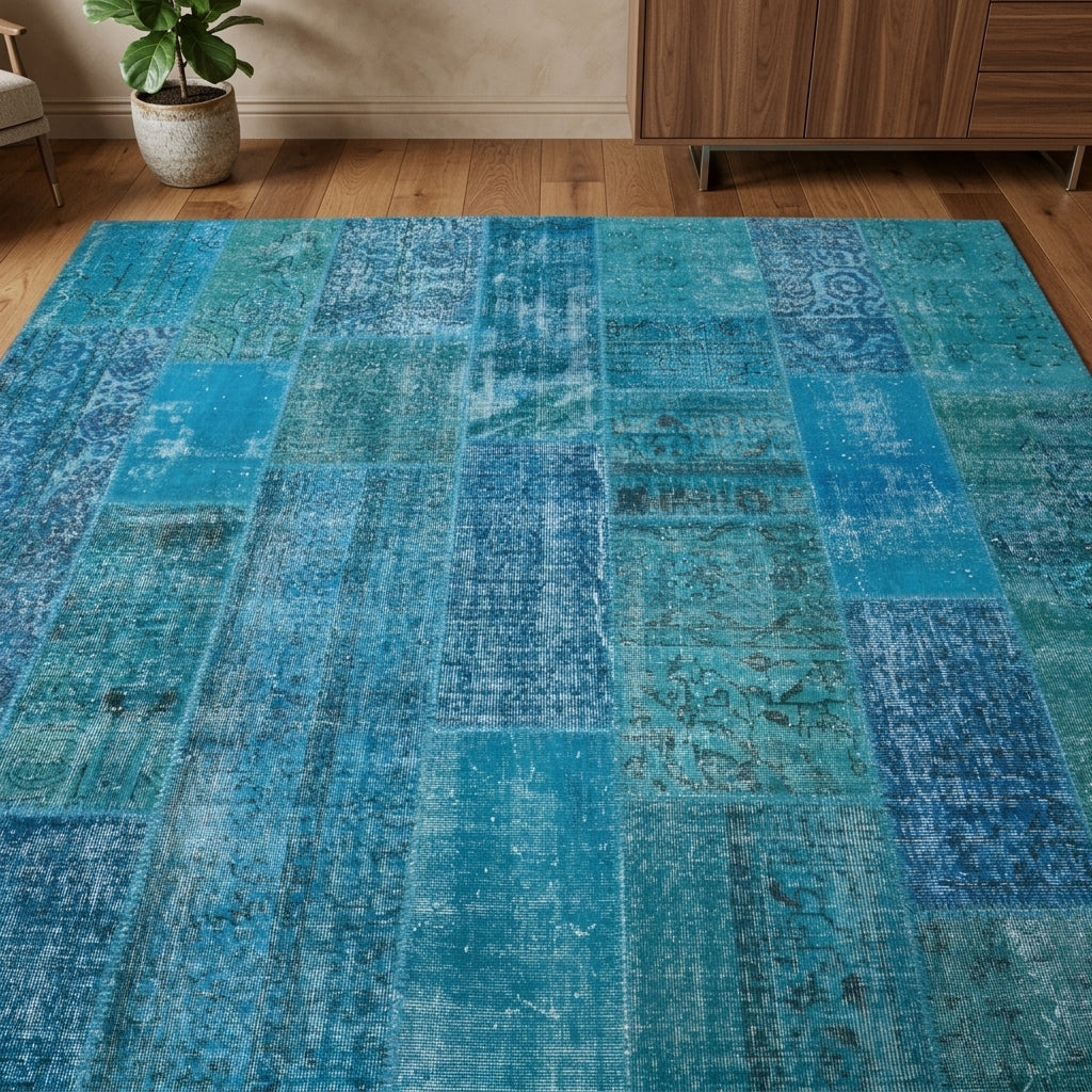 Ikat pattern on the Ahuara vintage patchwork area rug – handmade in Anatolia, Turkey