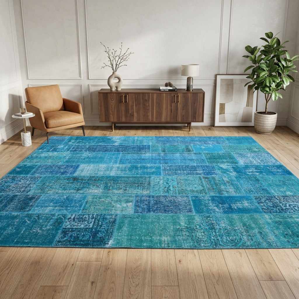 Ikat pattern on the Ahuara vintage patchwork area rug – handmade in Anatolia, Turkey
