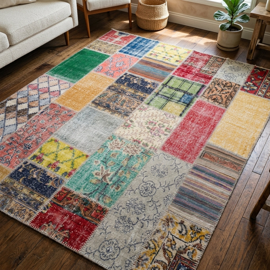 Abstract pattern on the Aglaopelia vintage patchwork area rug – handmade in Anatolia, Turkey