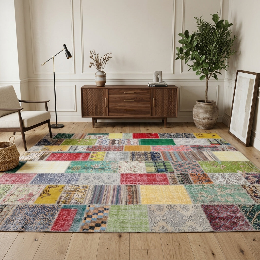 Abstract pattern on the Aglaopelia vintage patchwork area rug – handmade in Anatolia, Turkey