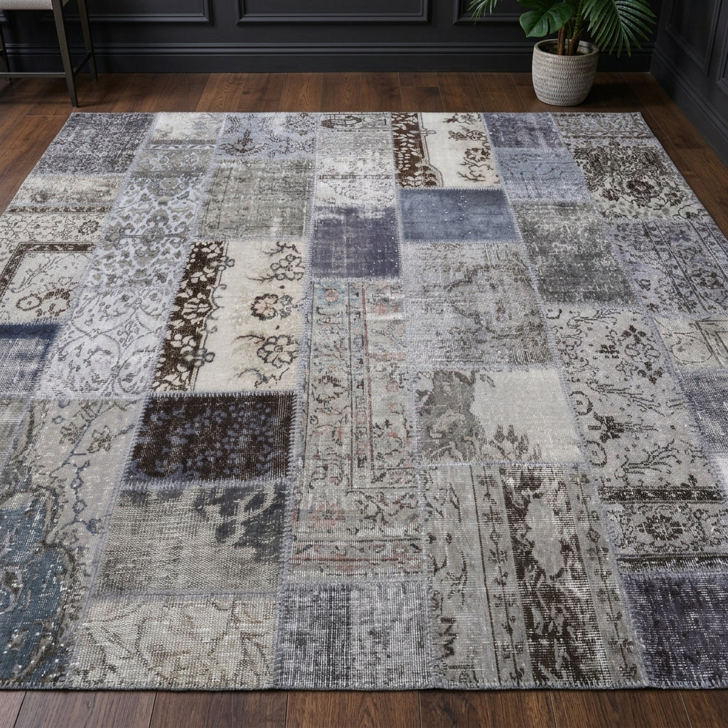 Tribal pattern on the Ardickusa vintage patchwork area rug – handmade in Anatolia, Turkey
