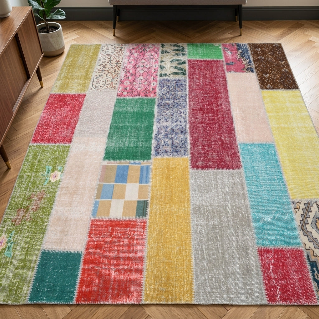 Tribal pattern on the Ardicban vintage patchwork area rug – handmade in Anatolia, Turkey