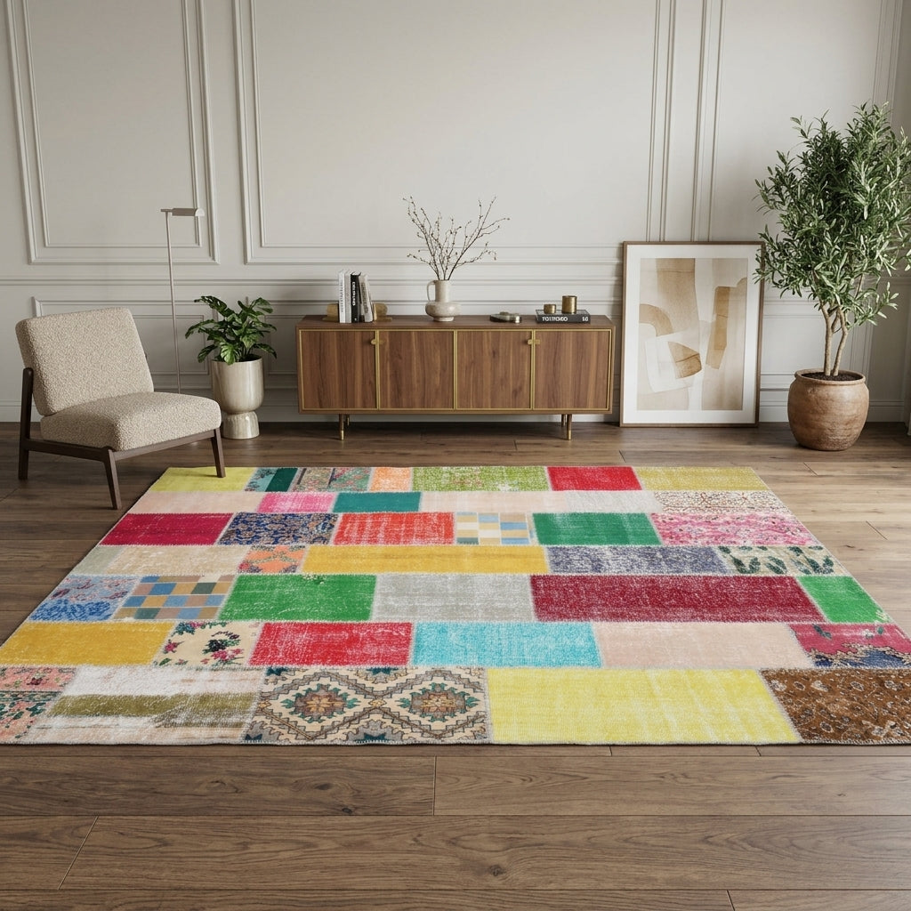 Tribal pattern on the Ardicban vintage patchwork area rug – handmade in Anatolia, Turkey