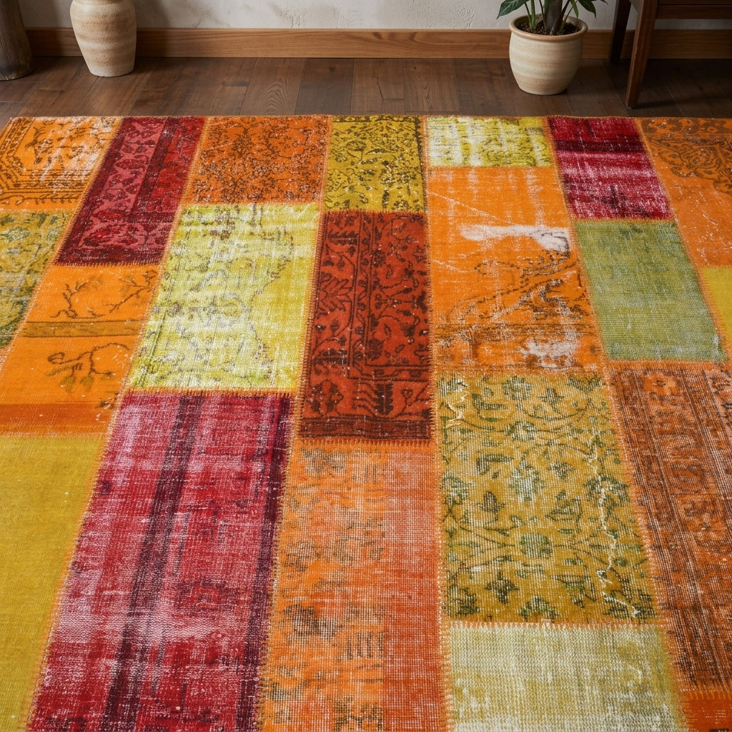 Tribal pattern on the Anthophyllis vintage patchwork area rug – handmade in Anatolia, Turkey