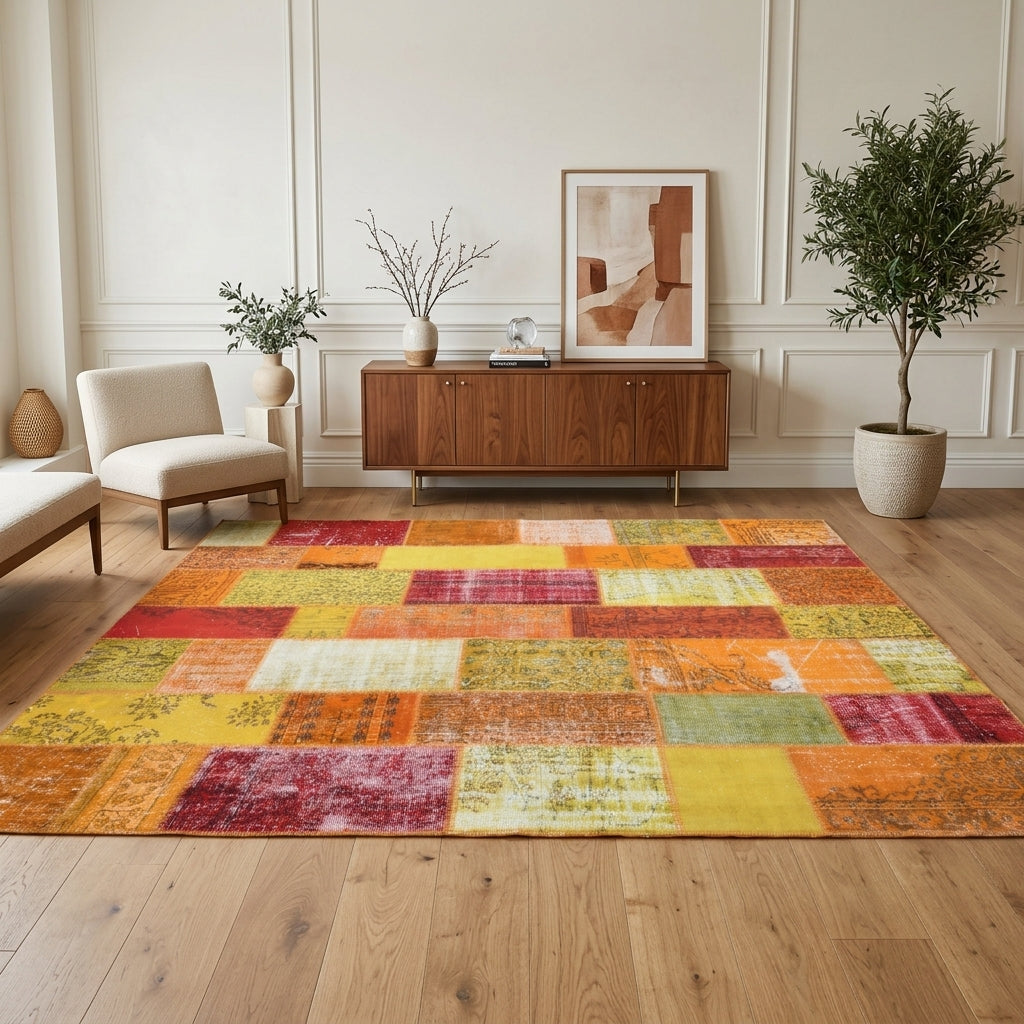 Tribal pattern on the Anthophyllis vintage patchwork area rug – handmade in Anatolia, Turkey