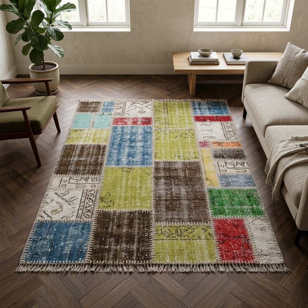 Tribal pattern on the Anthogena vintage patchwork area rug – handmade in Anatolia, Turkey