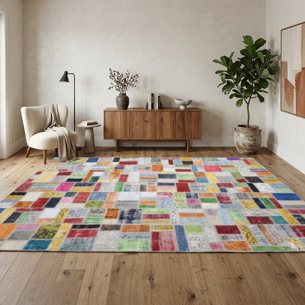 Tribal pattern on the Anthogena vintage patchwork area rug – handmade in Anatolia, Turkey