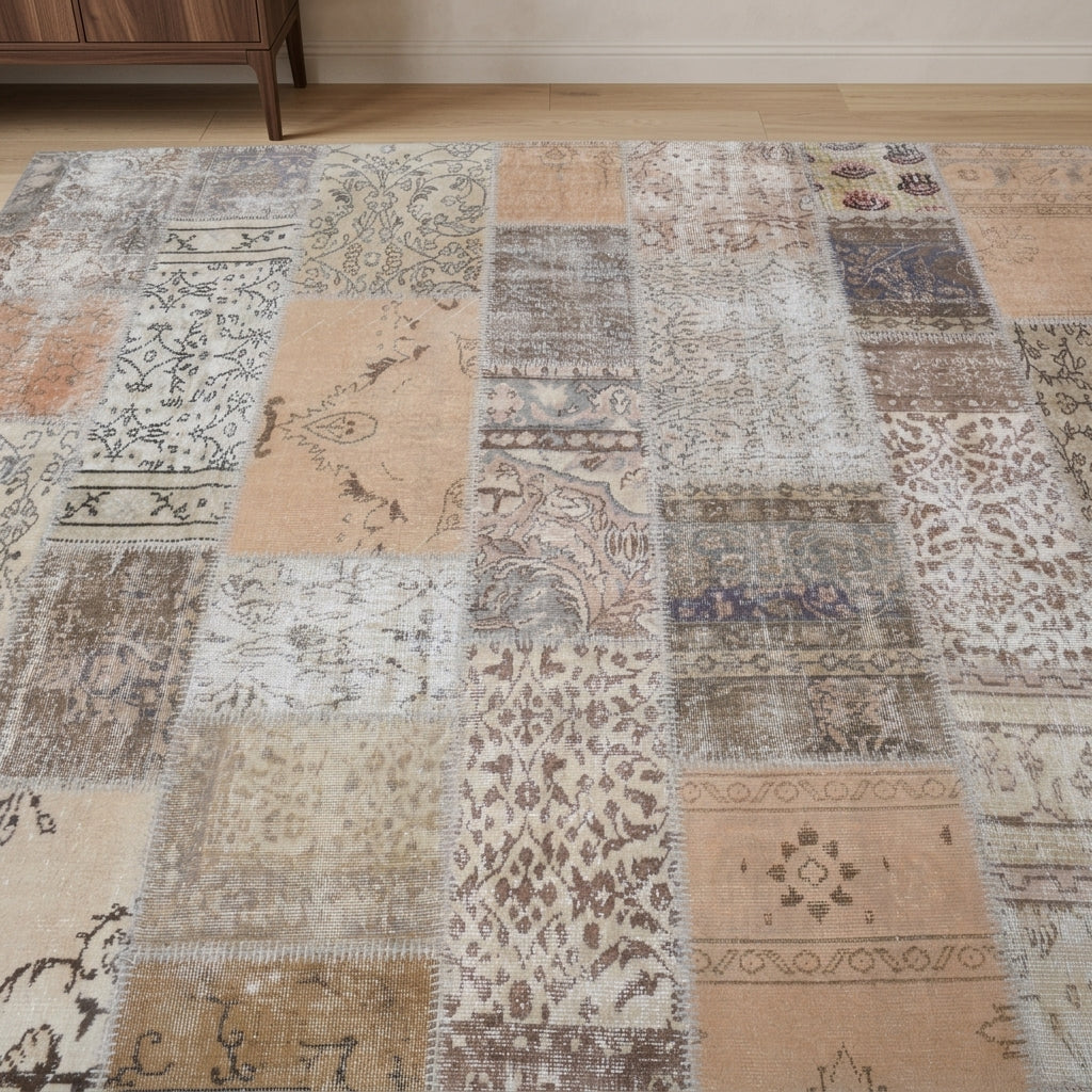 Tribal pattern on the Anthocharis vintage patchwork area rug – handmade in Anatolia, Turkey