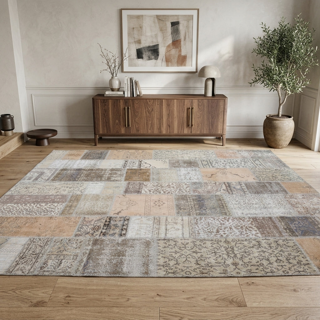 Tribal pattern on the Anthocharis vintage patchwork area rug – handmade in Anatolia, Turkey