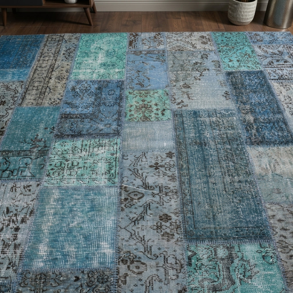 Floral pattern on the Ani vintage patchwork area rug – handmade in Anatolia, Turkey