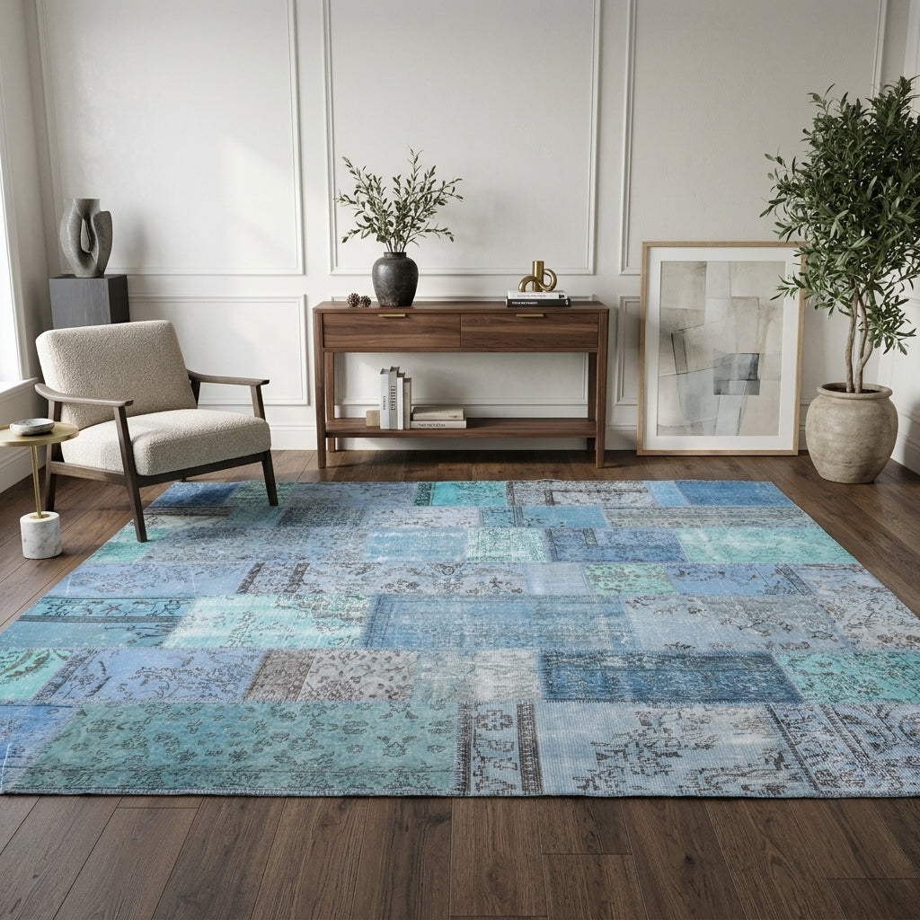 Floral pattern on the Ani vintage patchwork area rug – handmade in Anatolia, Turkey